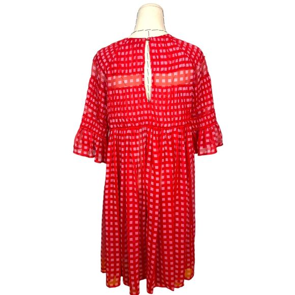 ASOS Women's Red Gingham 3/4‎ Sleeve Crew Neck Back Keyhole Smock Dress Size 6 - Picture 3 of 7